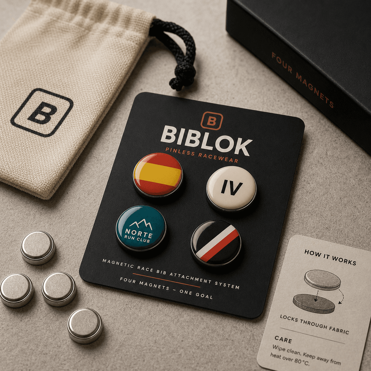 Pack BIBLOK con cuatro puntos magnéticos personalizados, tarjeta y bolsa de tela
