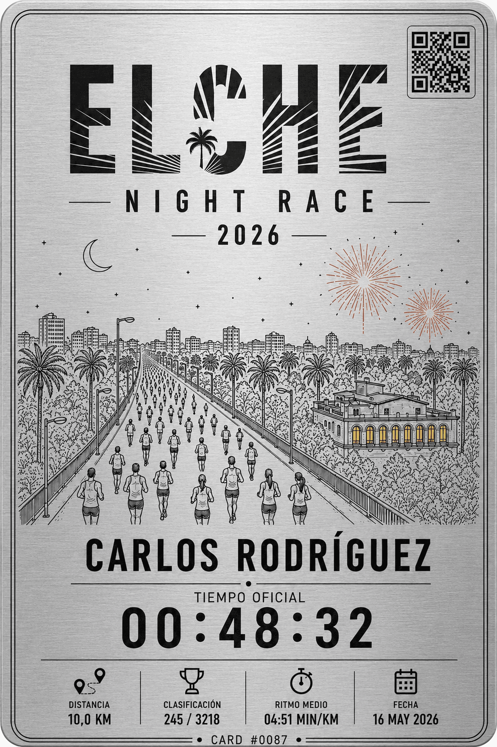 Race Card diseño Elche Night Race con acabado en aluminio premium