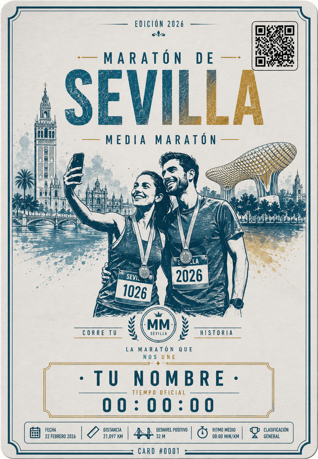Race Card personalizada Maratón de Sevilla con diseño de pareja y datos oficiales
