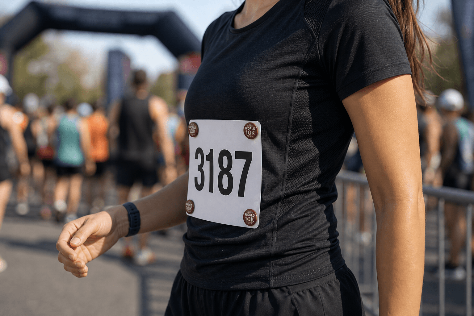Corredora en carrera con dorsal sujeto por cuatro imanes personalizados iguales